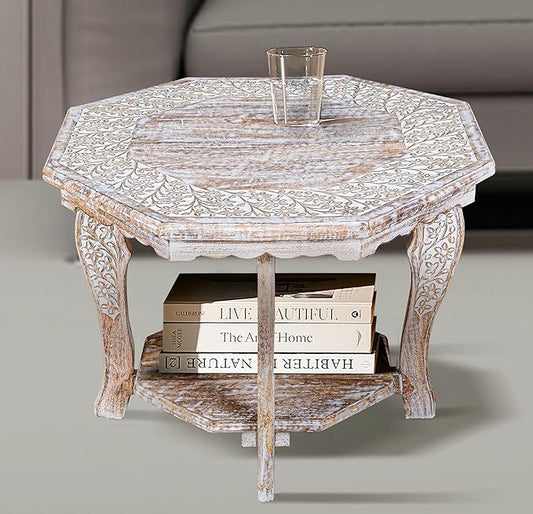 Farmhouse Carved Octagonal End Table – Rustic Accent Side Table with Hand Carved Floral Detailing, Portable Wood Tray Top, White Wash Finish, 24" Dai x 18" Height–Nightstand For Living Room,Bedroom