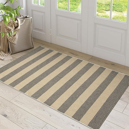 OJIA Tan Washable Outdoor Rug 3'x5', Fall Front Door Mat Outside Entrance Cotton Woven Halloween Doormat Indoor Outdoor Rugs Striped Entryway Rugs Small Outdoor Door Mats for Porch Patio Kitchen Entry