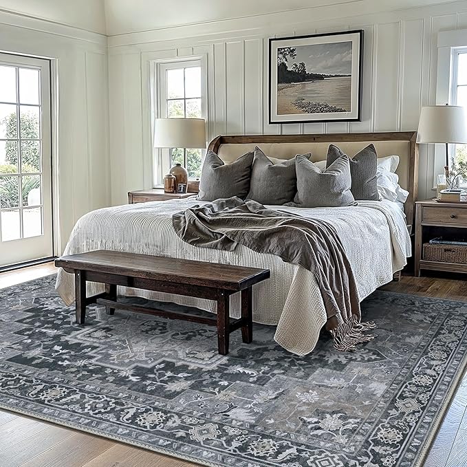 GENIMO 6x9 Area Rugs for Living Room, Machine Washable Non Slip Vintage Rugs, Low Pile Lightweight Chenille Print Rug for Bedroom, Dining Room, Home Office,Dark Gray