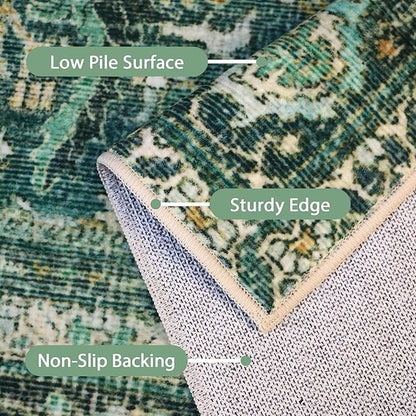 8X10 Area Rugs Machine Washable Rugs for Living Room, Vintage Boho Large Rugs for Bedroom Dining Room, Non Slip Indoor Soft Distressed Lightweight Thin Low Pile Carpet, Turquoise