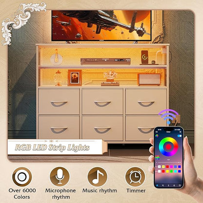 WLIVE White TV Stand for 40, 45 inch TV, Entertainment Center with LED Lights & Charging Station, TV Media Console Table with 6 Fabric Drawers and Open Shelves for Living Room, Hallway, Wood Top