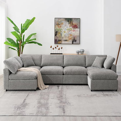130" Chenille Modular Sofa,Modern 6 Seat Free Combination Cloud Couch Bed Set,Convertible U Shaped Sleeper Couched,with Ottoman,for Living Room, Apartment,Sleeping Room,Gray