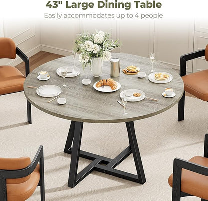 IRONCK 43" Round Dining Table for 4, Wood Kitchen Table with Metal Base, Space Saving Industrial Circle Dinner Table for Kitchen Dining Room, Gray