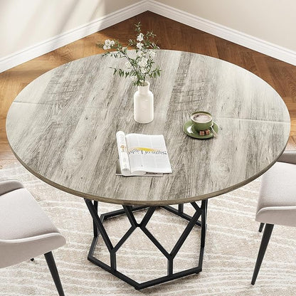 GarveeHome Round Dining Table for 4-6 People, 47 Inch Farmhouse Kitchen Table, Sturdy Metal Base, Industrial Wood Dinning Room Table for Kitchen, Grey