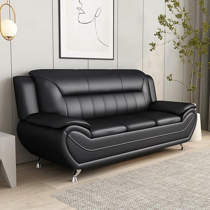 Container Furniture Direct Michael Modern Faux Leather Upholstered Stainless Steel Legs Living Room Sofa, Chair, Midnight Black