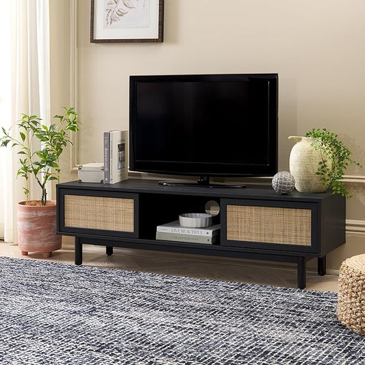 SAFAVIEH Aino TV Stand for up to 60" Flatscreen – Black, 2 Sliding Doors with Interior Storage, 1 Open Shelf, Entertainment Media Console (MED9619B)