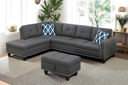 98 Inch L Shaped Sectional Sofa with Chaise Lounge, Storage Ottoman and 2 Pillows, 4-Seaters Linen Upholstered Tufted Couch w/Cupholder & Nailhead Trim for Living Room, Office, Dark Gray