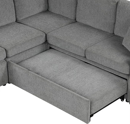 84.7" Symmetrical Convertible Sleeper Sectional Sofa Couch Bed for Living Room 4 Seater L Shaped Reversible Pull Out Sleeper Sofabed with Movable Ottoman ,2 Cup Holders ,USB Ports, Detachable Backrest