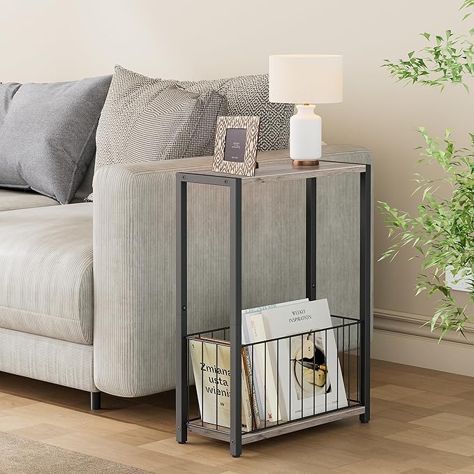 Narrow Side Tables Set of 2 with Magazine Holder, Skinny End Tables Perfect for Small Spaces, Space-Saving Design for Living Room, Bedroom, or Office, 7.1" D x 16.9" W x 23.6" H, Greige