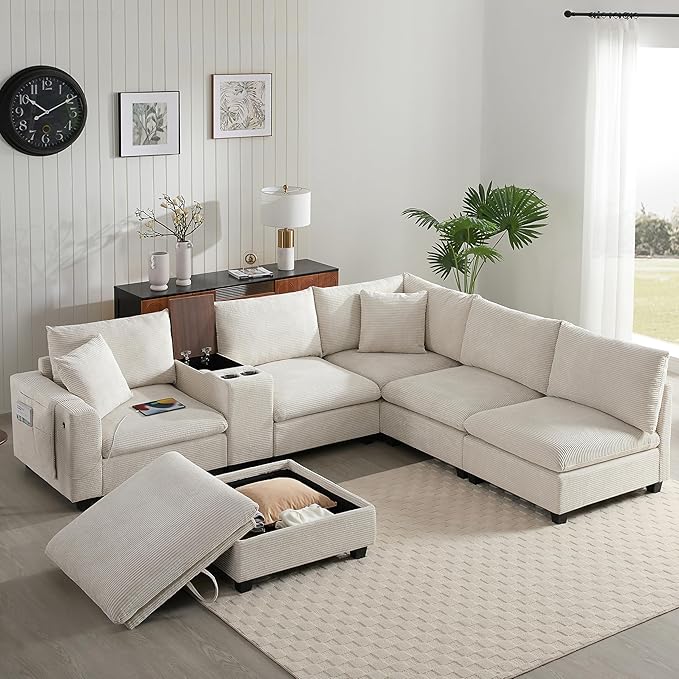 Merax 140'' Oversized Modular Sectional Sofa with Storage Ottoman and Console, Removable Storage Pockets, Cup Holder, Wide Seat, USB Charger, 6 Seat U Shaped Chenille Couch Set for Living Room, Beige