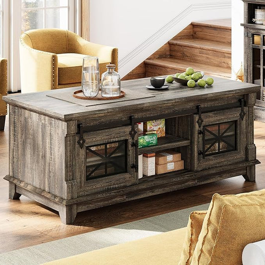 IRONCK 48'' Coffee Table with Sliding Barn Doors, Rustic Center Table with 6 Large Storage Space, Glass Doors and Adjustable Middle Shelf, Farmhouse Coffee Tables for Living Room, Meeting Room
