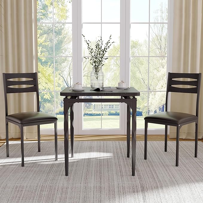 GarveeHome Dining Table Set for 2, Dining Table and Chairs Set of 2, 3 Piece Dining Table Set with Spiral Table Legs for Small Spaces, Kitchen, Apartment, Black