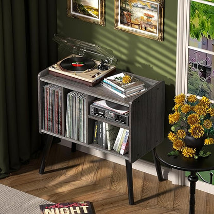 Record Player Table, Mid-Century Record Player Stand with Vinyl Storage Hold Up to 150+ Albums, Vinyl Record Cabinet with Adjustable Shelves, Wood Turntable Stand for Music Living Room (Grey)