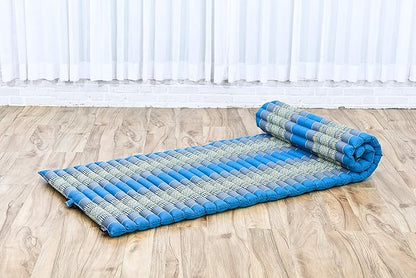 Leewadee - Foldable Floor Mattress - Japanese Roll Up Futon -Trifold Tatami Mat- Guest Floor Bed - Camping Mattress - Thai Massage Mat, Kapok Filled, 75 x 28 inches, Light Blue