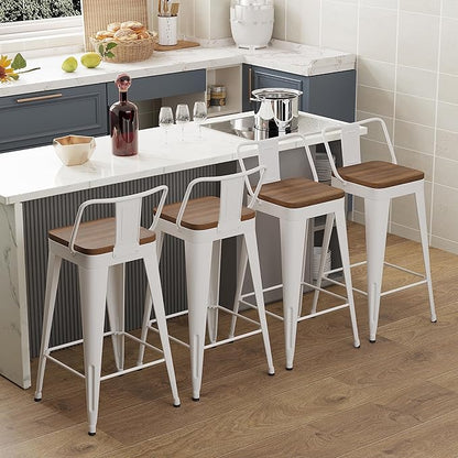 WENTMENT Bar Stools Set of 4 Counter Height Bar Stools Metal Barstools with Removable Back 26" Kitchen Bar Stools with Wooden Seat, White