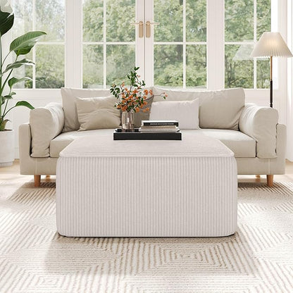 Christopher Knight Home Isa Square Ottoman Footstool, Corduroy Pouf Poufee Footrest Ottoman Large Seat, Modern Side Table for Living Room Bedroom Home Decor, Beige, 30"