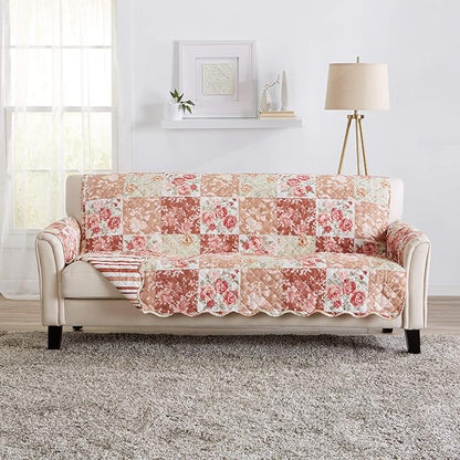 Great Bay Home Reversible Floral Patchwork Furniture Protector Scalloped Edge Stain Resistant Printed Furniture Protector Maribel Collection (Sofa, Burgundy/Taupe)