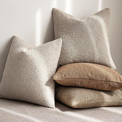 Foindtower Set of 2, Decorative Textured Boucle Throw Pillow Covers Accent Solid Pillow Cases Neutral Soft Cozy Couch Cushion Case for Chair Sofa Bedroom Living Room Home Decor 16 x 16 Inch,Oatmeal