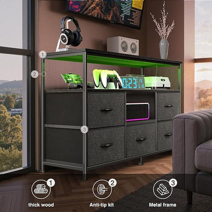 TV Stand for Bedroom, 47 Inch Dresser TV Stand for 43, 50, 55 Inch TVs, 5 Drawers Entertainment Center with Storage, LED Lights & Power Outlets, Media TV Console Table for Living Room, Black