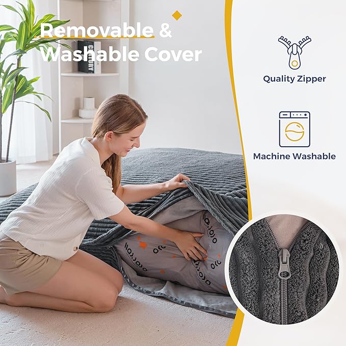 MAXYOYO Giant Bean Bag Chair with Pillow, 3 in 1 Convertible Bean Bag Chair for Adults with Washable Cover, Removable Floor Cushion Stuffed Floor Lounger for Living Room Bedroom, Dark Grey, Full