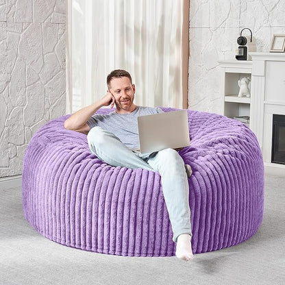 HABUTWAY 4FT Bean Bag Chair, 4' Large Bean Bag Chairs for Adults with Removable Stripe Plush Cover, Memory Foam Beanbag Chair for Living Room Bedroom Dorm (Purple)