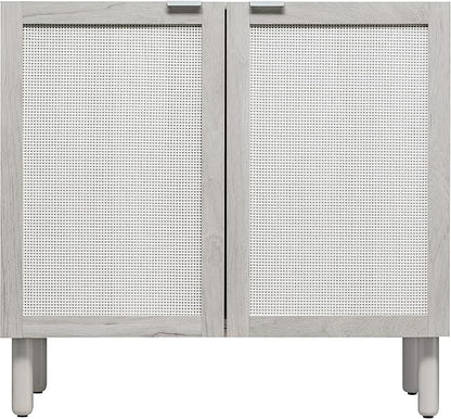 Sango Orre 2-Door Cabinet, Modern Sand Storage Cabinet with Synthetic Rattan Door Panels, Adjustable Shelf, Cylindrical Wood Legs, Discreet Finger Pulls, Elegant Furniture for Living or Dining Room
