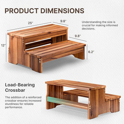 TINAMO 25" Long Step Stool for Adult & Kid - Acacia Wood Two Step Stool 500 Lb - Wooden Riser 2-Step Spa & Hot Tub Stairs for Pool - Heavy Duty 2 Step Stools for Bed, Kitchen,Outdoor (Patent Pending)