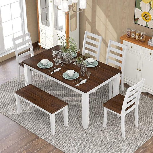 6 Pieces Dining Table Set with 1 Bench & 4 Ergonomic Designed Chairs,Wooden Living Room Furniture W/ 60" Rectangle Kitchen Desk,for Restaurant,Home Bistro,Walnut+Cottage White