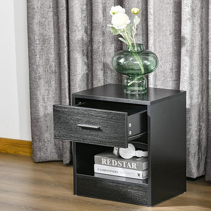 HOMCOM Modern Accent End Table with Drawer and Storage Shelf, Sofa Side Table for Living Room, Black Wood Grain