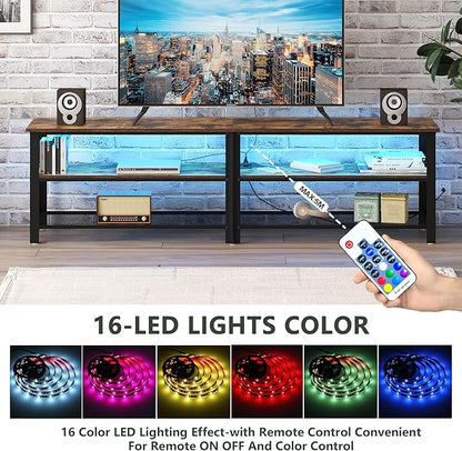 Clikuutory Modern Brown 63 inch Metal TV Stand with LED Lights and Power Outlets for 40 50 55 60 65 70 Inch TVs, 3 Tier Television Stands with Entertainment Center and Storage for Living Room, Bedroom