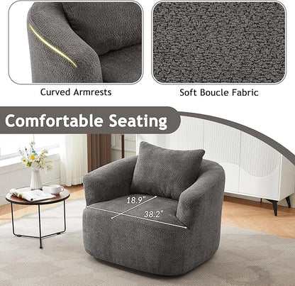 Merax Modern 360° Chenille Swivel Barrel Chair with A Throw Pillow & Armrest, Upholstered Cozy Single Round Sofa with Deep Seating for Living Room Bedroom,Office, Hotel, Easy Assemble, Grey