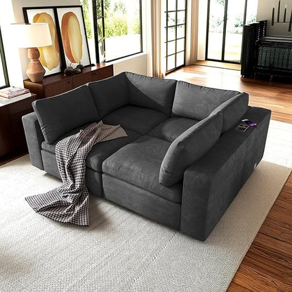 133.9 Inch Modular Convertible Sectional Sofa with Storage, USB Ports, Wireless Charging & Built-in Speaker in Arm, L-Shaped Upholstered Sleeper Couch for Living Room Office, Gray