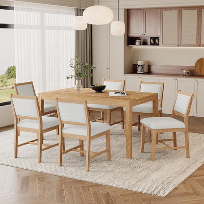Merax 7 Pieces Retro Dining Set for 6, Rectangular Wood Dining Table with 6 Upholstered Chairs for Kitchen, Living Room, Natural