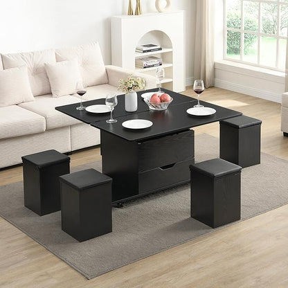 Merax Multi-Functional Lift-Top Coffee Table with Hidden Storage and Stools,Multi-Function Modern Center Table with 4 Stools and Casters,Perfect for Modern Living Spaces, Black