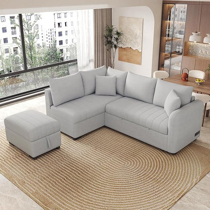 Ball & Cast L-Shaped Sectional Pull Out Sofa with Two USB Ports,4-Seater Convertible Couch w/Power Sockets and Movable Storage Ottoman,for Living Room,Apartment,Grey