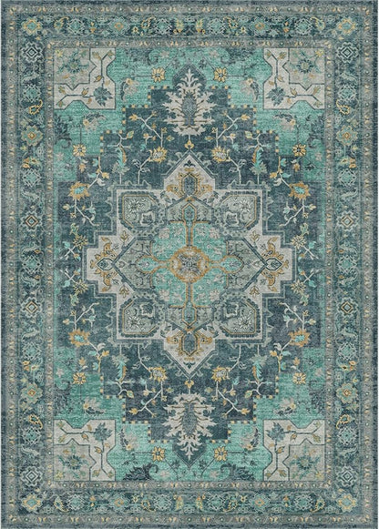 GENIMO 7'6''x9'6'' Area Rugs for Living Room, Machine Washable Non Slip Vintage Rugs, Low Pile Lightweight Chenille Print Rug for Bedroom, Dining Room, Home Office, Dark Green