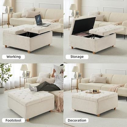 GAOMON Sherpa Storage Ottoman Coffee Table with Lift Top, Sherpa Fabric Tufted Upholstered Ottoman with Storage, Large Square Storage Ottoman Bench for Bedroom Living Room(Sherpa, White)