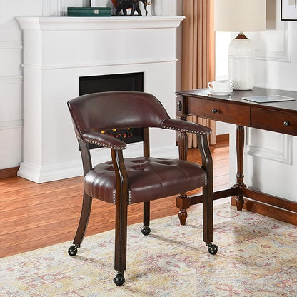LEEMTORIG Dining Chairs with Casters and Arm, Large Rolling Dining Chairs with Wheel, Poker Table Chairs, Boss Caption's Chairs, 26"D x 25.2"W x 31.5"H, Espresso Legs & Wine Red Brown PU, XXY-1910-WR