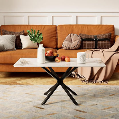 White Marble Coffee Table Modern Rectangular 40 Inch Living Room Table with Black Metal Legs Simple Stylish Center Table for Living Room Office