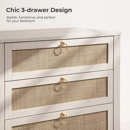 SICOTAS White Night Stand with Drawers - Large Rattan Bedside Table with Golden Handle, 3 Drawers Nightstand Tall End Table Side Table Boho Nightstand for Bedroom
