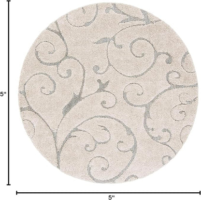 SAFAVIEH Florida Shag Collection Area Rug - 5' Round, Beige & Blue Grey, Scroll Design, Non-Shedding & Easy Care, 1.2-inch Thick Ideal for High Traffic Areas in Living Room, Bedroom (SG455-1155)