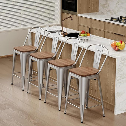 Changjie Furniture 30 Inches Metal Barstools Set of 4 Counter Height Bar Stools Industrial Stools with Backs High Back Chairs for Kitchen Island (30 Inch, Silver)