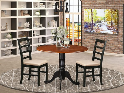 East West Furniture DLPF3-BCH-C 3 Piece Dining Set Contains a Round Dining Room Table with Dropleaf and 2 Linen Fabric Upholstered Kitchen Chairs, 42x42 Inch, Black & Cherry