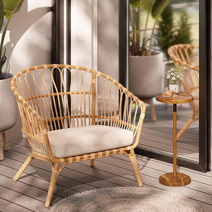 Drink Table, 24.4" Tall Compact Side Table with Phone Slot and Weighted Base, Durable Pedestal Table Accent for Living Room (Stepped Base, Acacia)