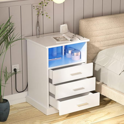 Nightstand with Charging Station, LED Lights Side Table with 3 Drawers, End Table for Bedroom Ofiice White 2 Set