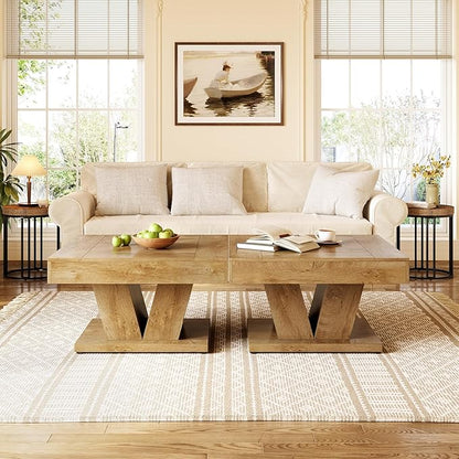 LITTLE TREE Square Coffee Table, Modern Rustic Coffee Table for Living Room, Wooden Table with Adjustable Feet, Oak
