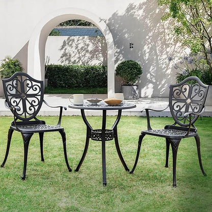 NUU GARDEN 3 Piece Outdoor Bistro Set All Weather Cast Aluminum Patio Set Bistro Table Set Rustproof Patio Table and Chairs with Umbrella Hole for Backyard, Balcony, Front Porch, Black