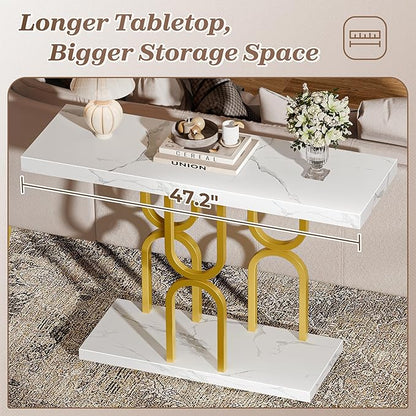 Huuger 47.2 Inch Entryway Table with Marble Top, Modern Console Sofa Table, Accent Table, for Entry, Hallway, Entrance, Foyer, U-Shaped Metal Base, White Marble & Gold