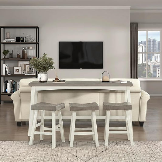 Lexicon Bar Table Set for 3, Small Kitchen Table Set Kitchen Island Table with 3 Saddle Bar Stools, 4 Piece Dining Table Set for Breakfast Nook, Living Room, Apartment, Counter Height, White/Coffee