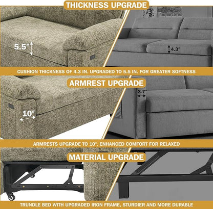 Vipbear 3-in-1 Convertible Sofa Bed, Pull Out Sleeper Sofa with USB Charging Station & Adjustable Backrest, Loveseat with Side Pocket for Living Room, Apartment, Tool-Free Assembly, Chenile Light Grey